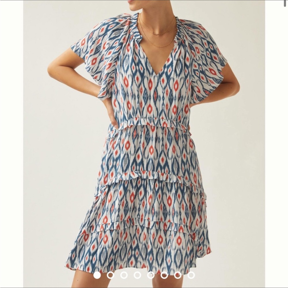 New Anthropologie Robin Tiered Mini Dress Blue Motif Ikat Ruffled Print Large